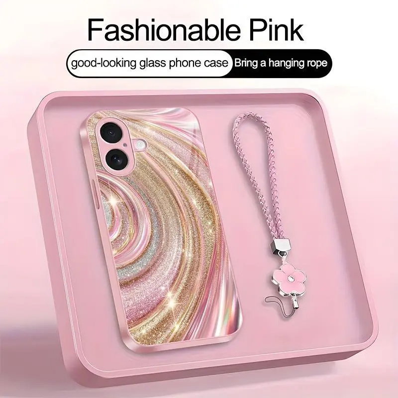 Luxury Rose Gold Swirl Smartphone Casing - Glitter Pink Art Aesthetic Cellphone Case with Flower Lanyard, Mobile Device Accessories for iPhone 17-975