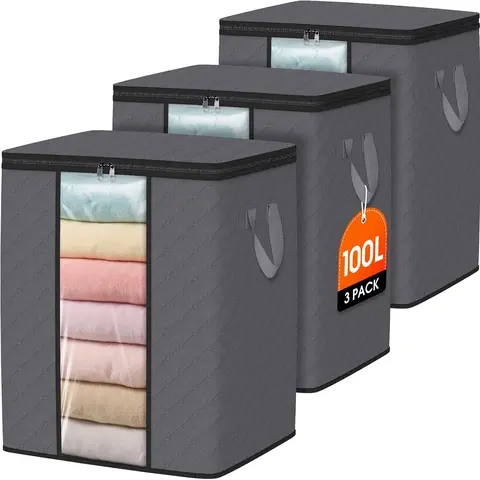 3 Pack 100L Clothes Storage, Foldable Thick Fabric Blanket Storage Bags, Containers for Organizing Bedroom, Closet, Clothing, Comforter,Closet Organization with Handle,Black