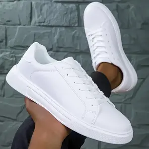 Men's Solid White Color Faux Leather Low Top Skate Shoes - Non Slip Durable - For Outdoor Walking & Casual Wear - All Seasons - For Men Closed Footwear Athletic Trainer Runner Sneaker Boy Running Lace