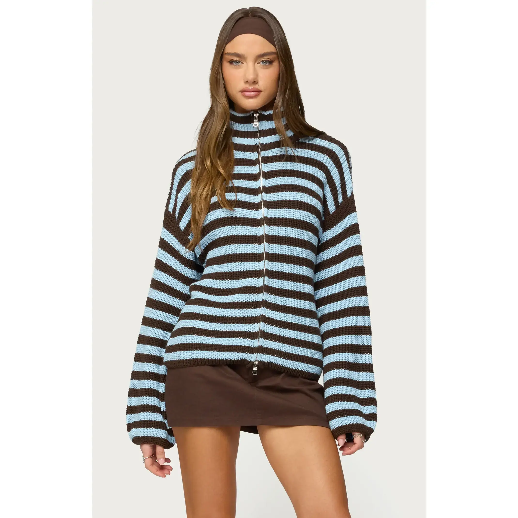 Edikted Women's High Neck Striped Zip Up Sweater