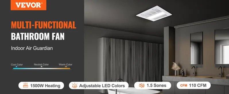 【toolupgrade】VEVOR Painted Corrosion-Resist Waterproof Ceiling Mount Exhaust Fan with LED Lighting Light Kit, 110 CFM High-Efficiency Ventilator, 1.5 Sones Low Noise, Energy-Saving Galvanized Steel, No Attic Access Needed, Ideal for Laundry Room, Gym