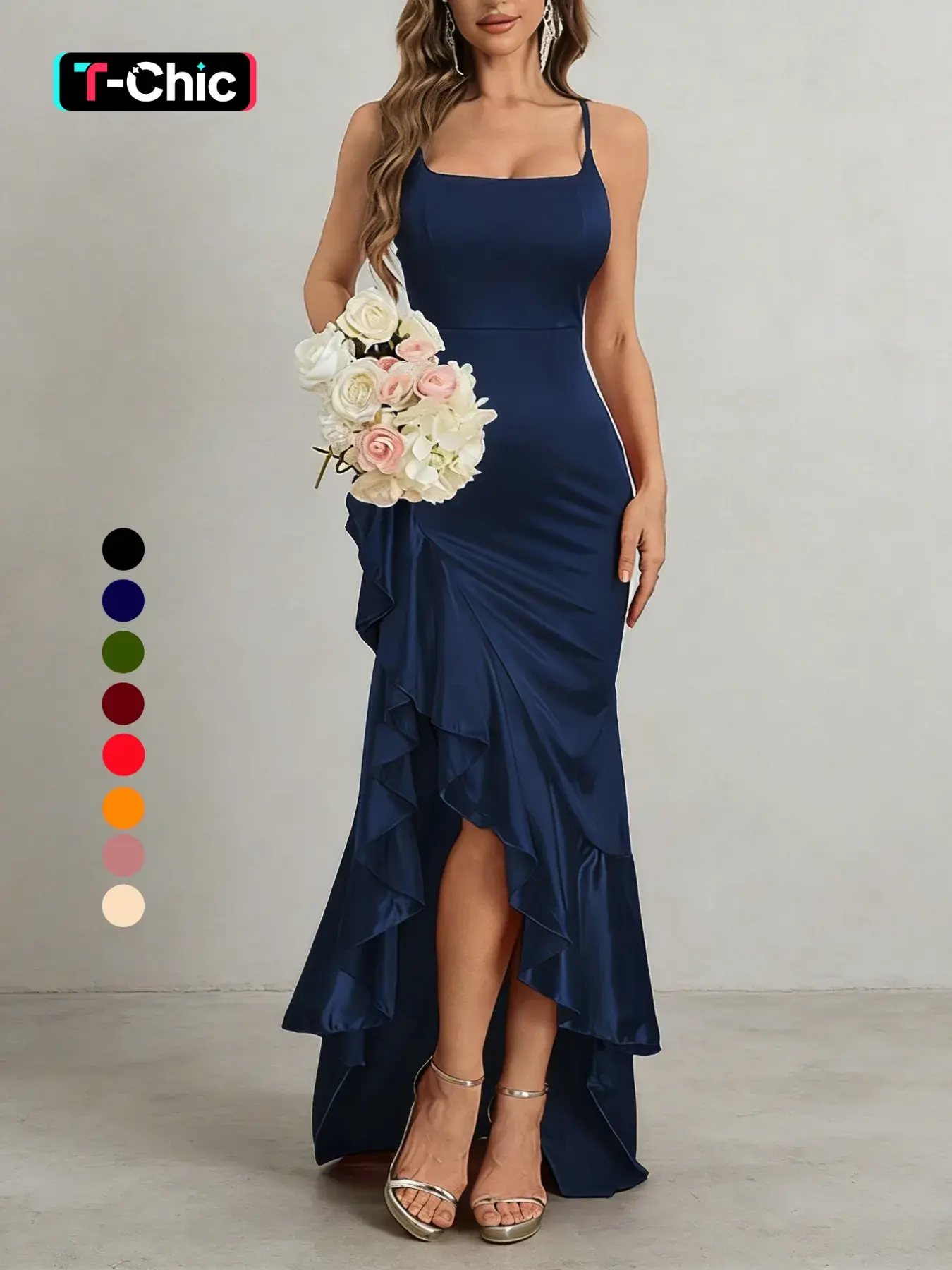 Elegant Halter Neck Ruffle Split Dress Navy Blue, Slim-Fitting Plain Design, Perfect for All Seasons, Women's Fashionable Formal Party Wear Elegance Womenswear, Evening Glam Gown