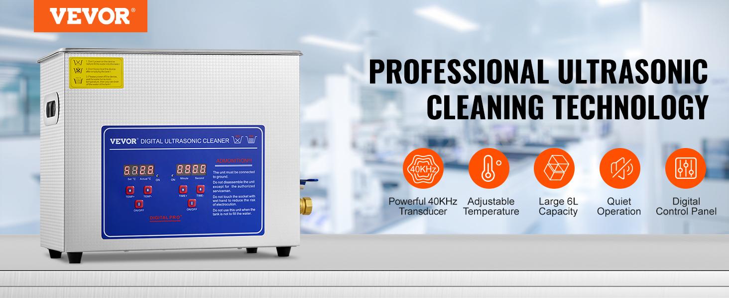 VEVOR Commercial Ultrasonic Cleaner 6L Professional Ultrasonic Cleaner 40kHz with Digital Timer&Heater 110V Excellent Cleaning Machine for Watch Instruments Industrial Parts Excellent Cleaner Solution