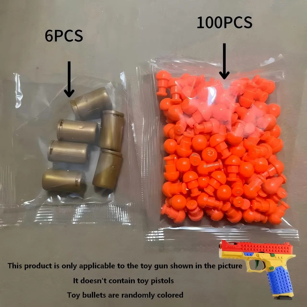 Safety toy bullet replacement kit, suitable for toy pistols, non-electric PC materials, and toy pistols, including 6 plastic shells and 100 plastic bullets.