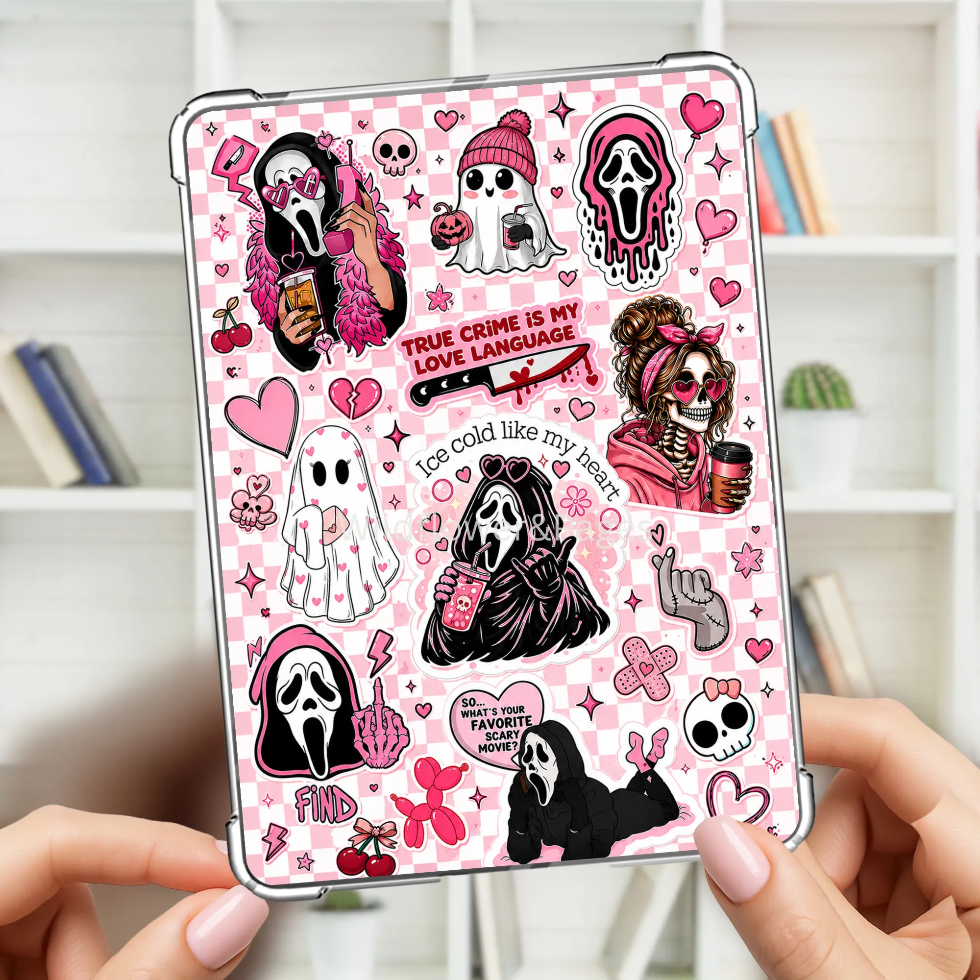 Pink Ghostface Kindle Insert | Cute Horror Kindle Insert | Spooky Pink E-Reader Insert | Ghostface Collage | Halloween Kindle Decor