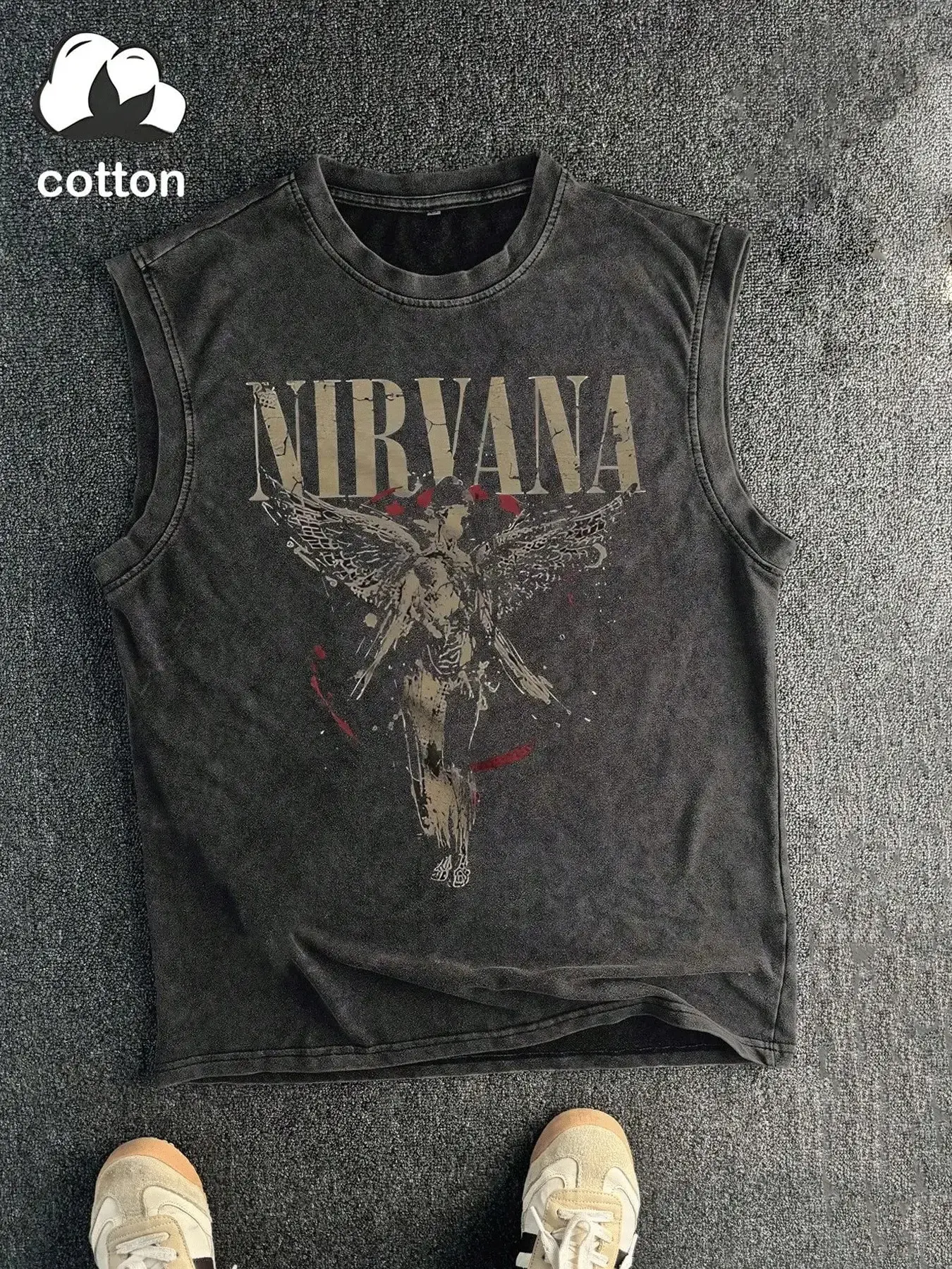 Vintage Washed Nirvana Angel Graphic Sleeveless Tank Top | Men's 90s Grunge Rock Band Cutoff Muscle Vest | Y2K Retro Streetwear Fitted Cotton Tee