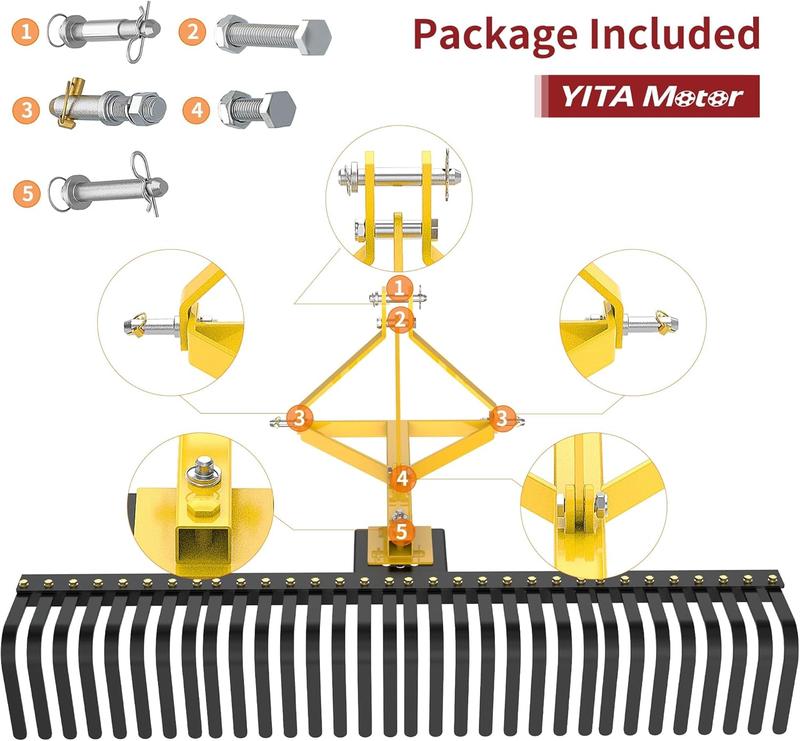 YITAMOTOR 5 FT Landscape Rock Rake, 3 Point Attach Rake with 360 Degree Rotation Tow-Behind Garden Tool for Compact Tractors, Category 1