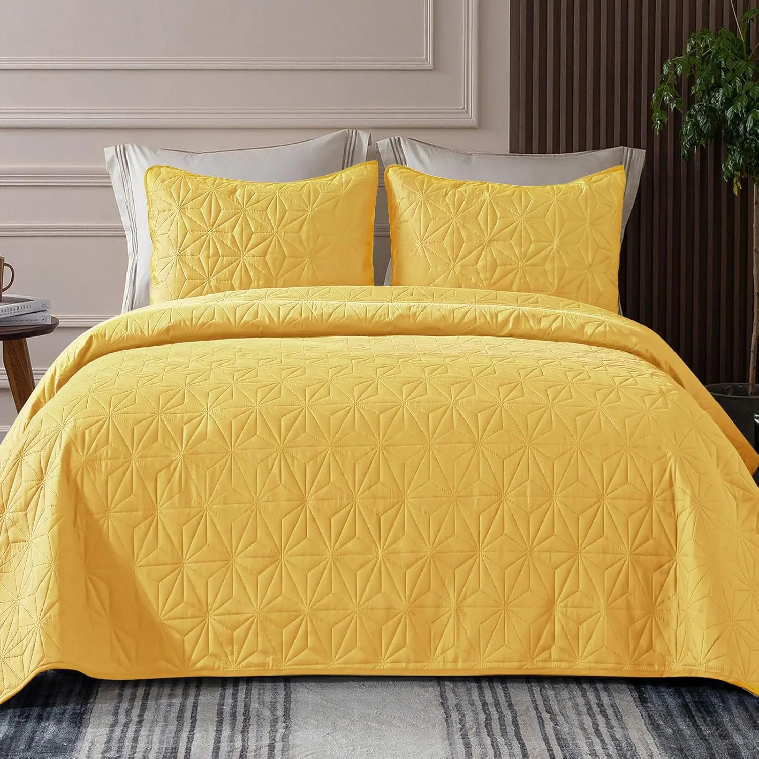 【backtoschoolday】Whale Flotilla Quilt Bedding Set, Soft Quilts Bedspreads for All Seasons, Lightweight Geometric Star Pattern Coverlets 3 Pieces, including 1 Quilt, 2 Pillow Shams home bedroom