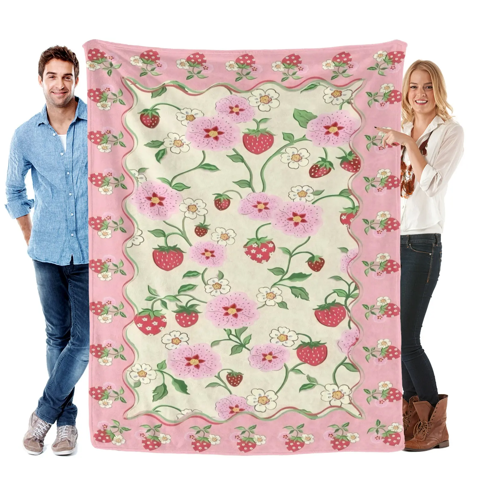 Vintage Strawberry Print Flannel Pink Throw Blanket - Soft Plush Texture, Preppy Retro Fruit-Floral Design, Multi-Size, Warm Cottagecore Gift, Ideal for Bedroom Use, Flower Blankets, Blanket Gifts, Cozy Warm Blanket