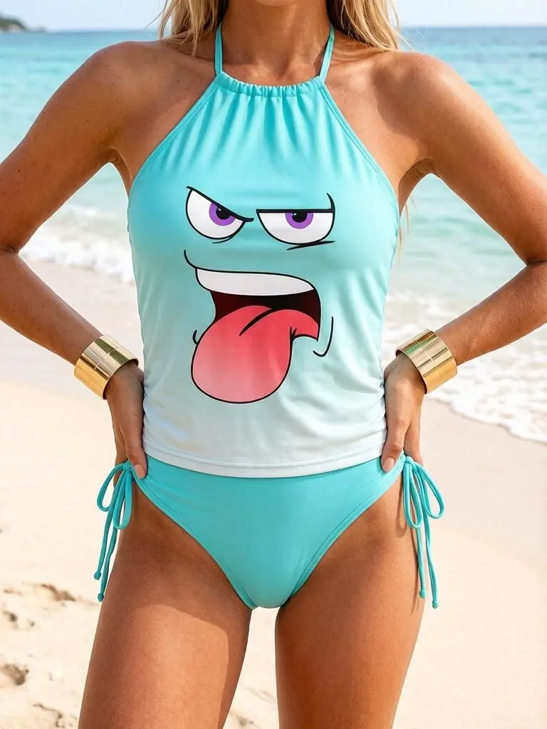 Women’s 2-Piece Quick Dry Elastane Tankini Bikini Set, Viral TikTok Funny Trend Cyan Ombre Halter Self-Tie Neck, Side Adjustable Ruched Top, Angry Tongue-Out Cartoon Graphic, High-Cut Hipster Cheeky Bottom, Beach Pool Use, Multi-Size sohochic