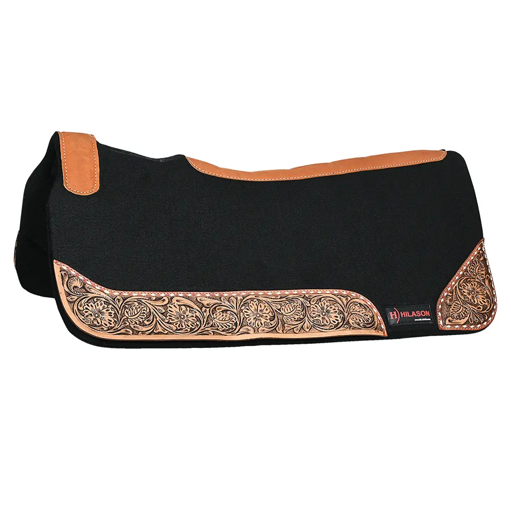 HILASON Western Wool Felt Horse Saddle Pad W/ Distressed Wear Leather Hand Tooled | for Horses