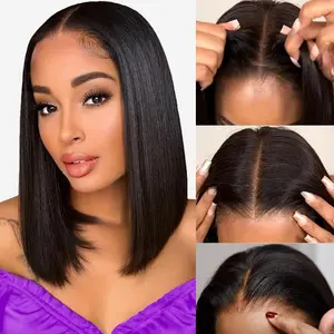 Glueless Staight Short Bob Wig 5x5 Pre Plucked Hairline Pre-Cut  Lace Wig 180% Density HD Transparent Lace Closure Wigs Human Hair for Black Women Short Straight Bob Wigs No Glue Lace Closure Wigs Beginner Friendly Gift for Girlfriend/Wife/FamilySpringtok