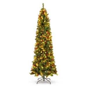 Best Choice Products Pre-Lit Pencil Christmas Tree Pre-Decorated Holiday Accent w/ Base