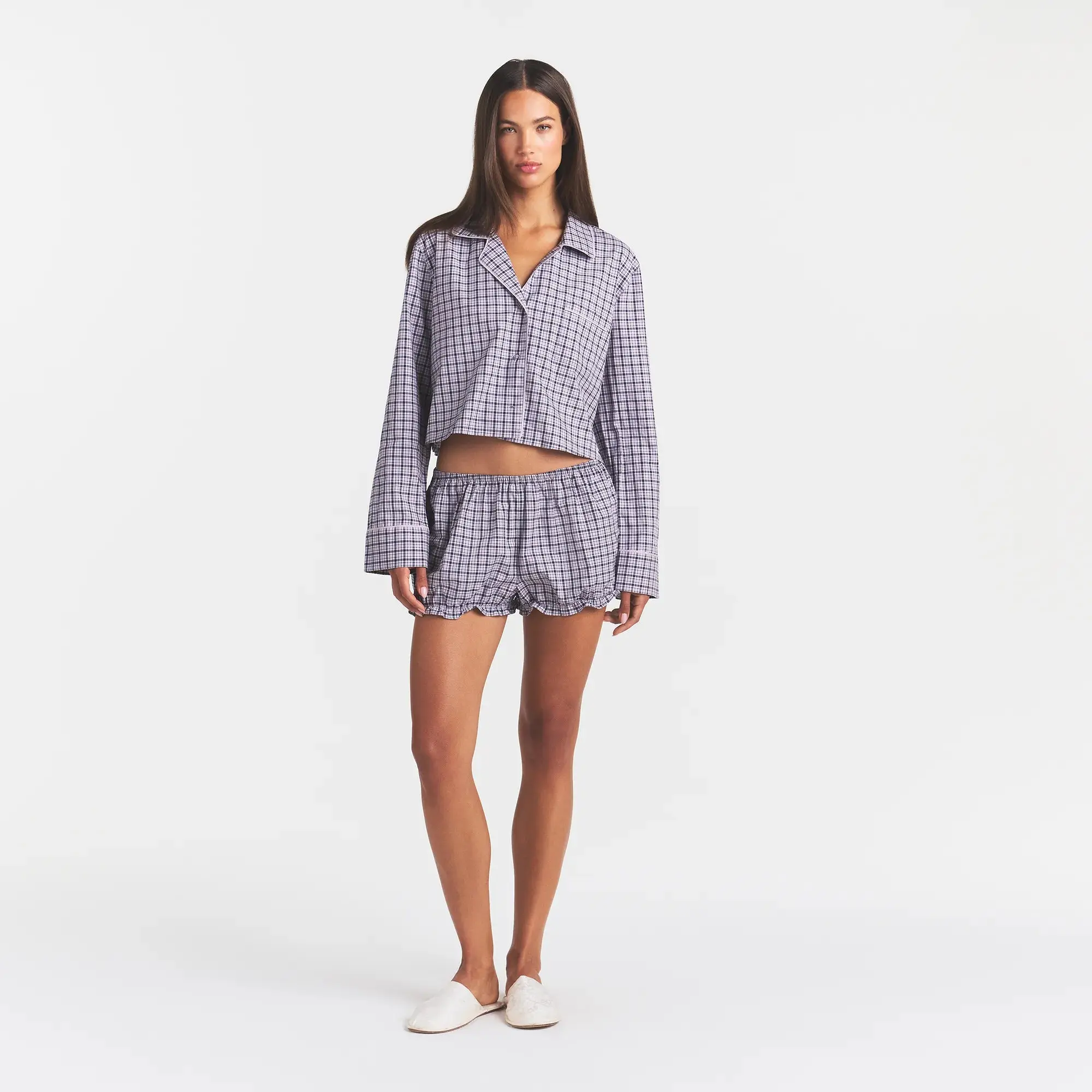 SKIMS COTTON POPLIN SLEEP CROPPED BUTTON UP AND BLOOMER SET
