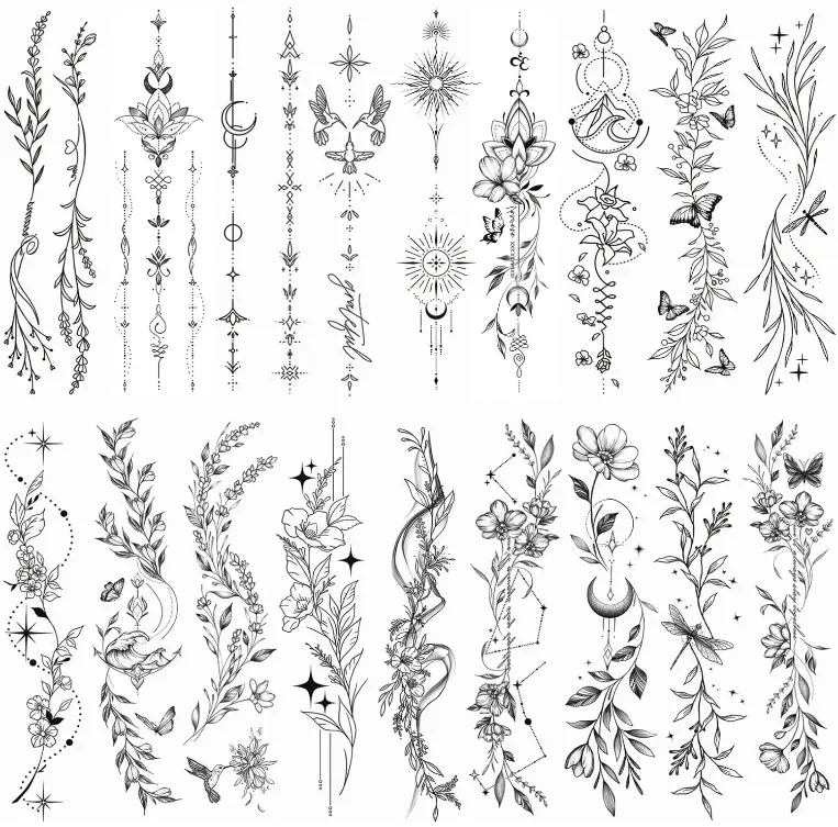 Tazimi Temporary Tattoos For Women Girls-24 Sheets Branch Flower Leaf Wild Plants Sketch Realistic Long-lasting Tattoo Stickers Waterproof Tattoo Sets for Arm Collarbone Leg Backbone Body Art