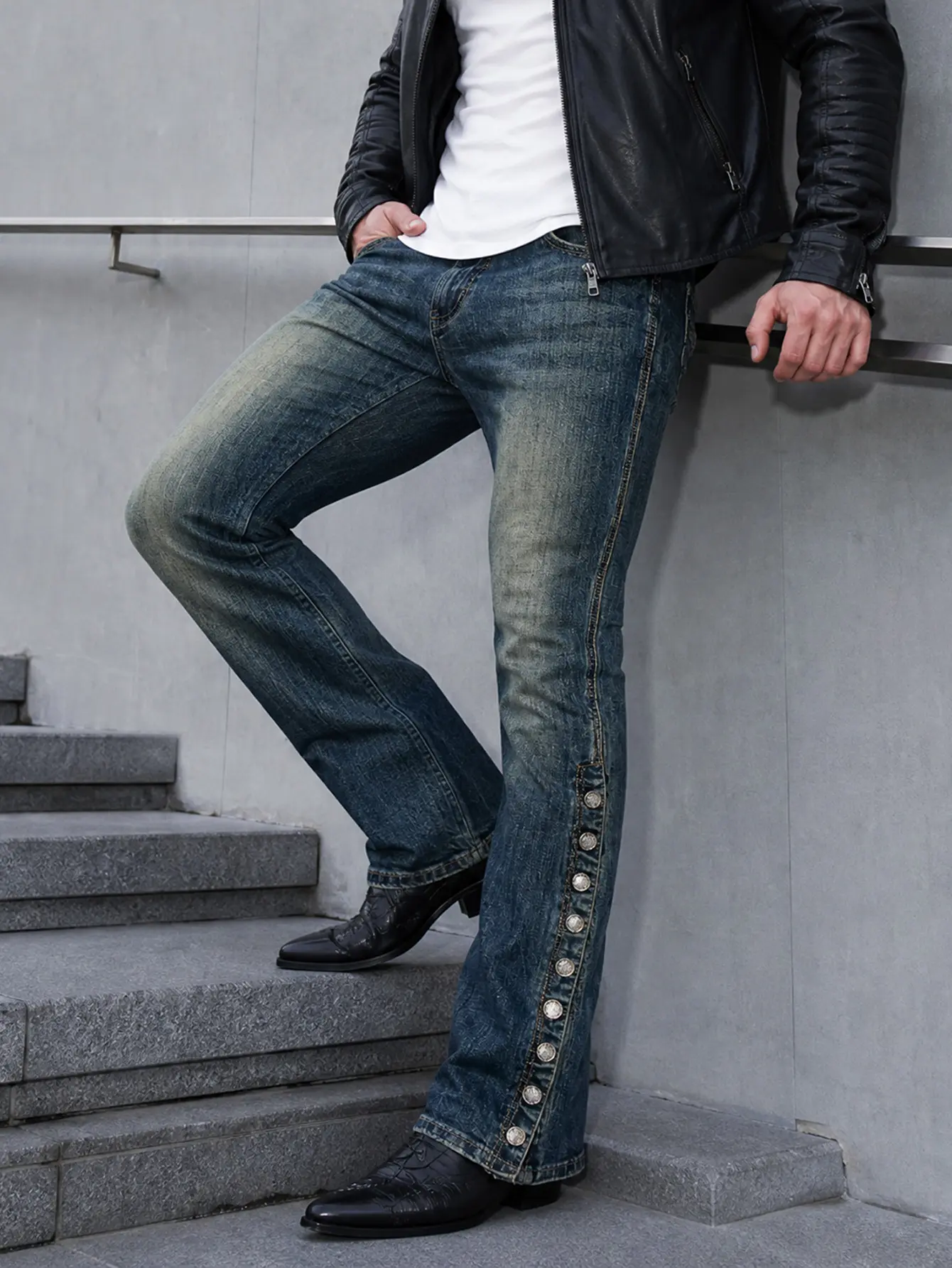Men'S Blue Gradient Faded Wash Mid-Rise Flared Bootcut Jeans, Mustache Whisker Stretch Denim with Full Side Slits And silvery Buttons, 5-Pocket Western Biker Y2K Hip-Hop Streetwear Long Trousers for Fall Winter Festival Motorcycle Daily Outfits