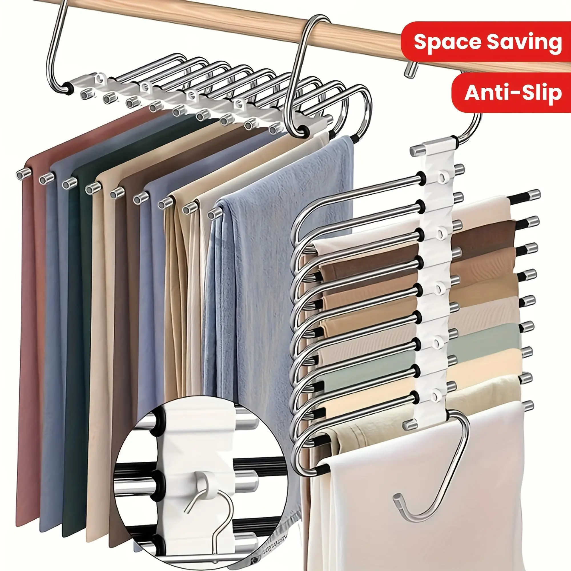 5/9-Tier Stainless Steel Hanging Trouser Rack - Self-Assembly, Non-Slip, Rust-Resistant Compact Hanger with 5 Extra No-Clip Hooks, Closet Organization Storage Organizer, Apartment Accessories Great for Home Closets, Household Items