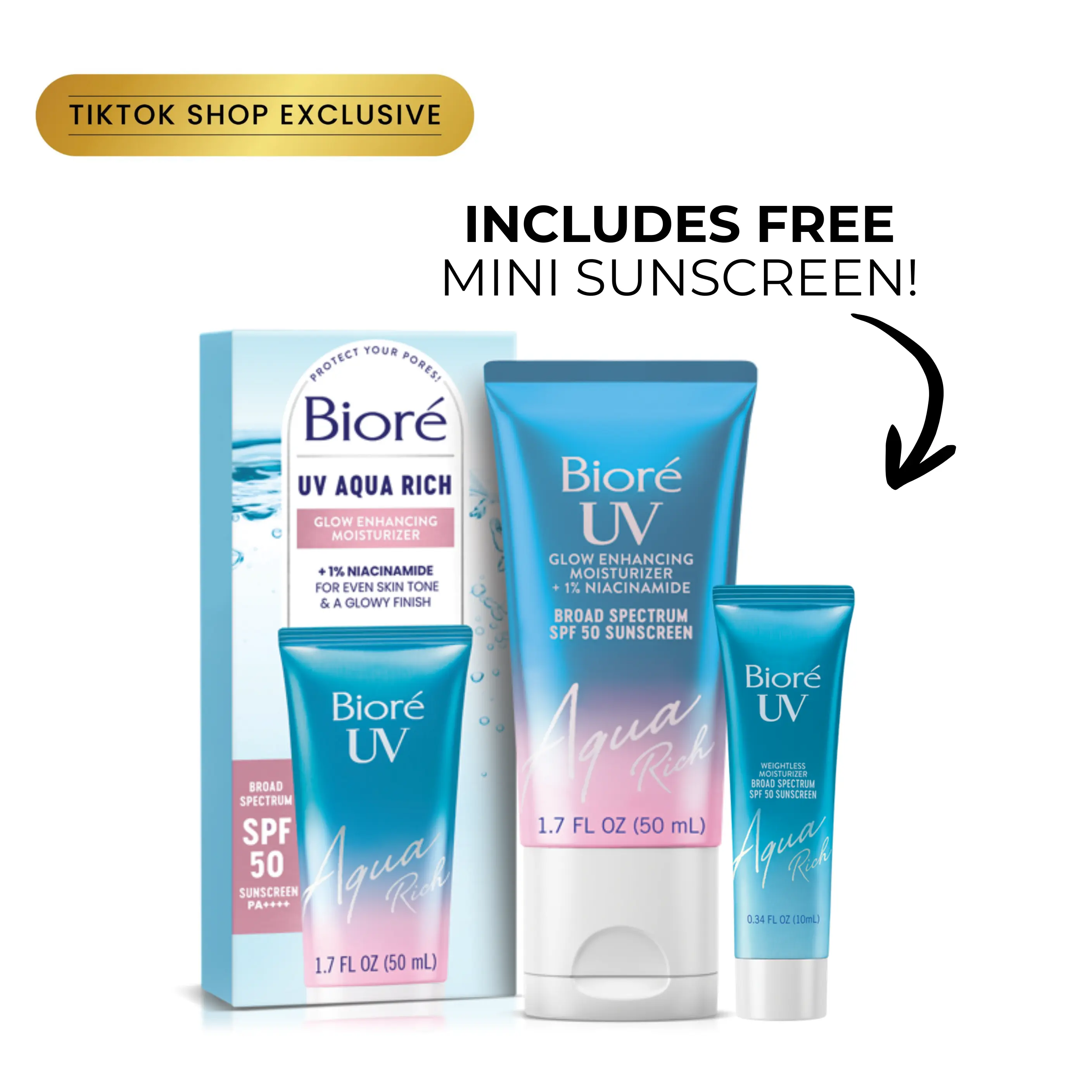 Biore UV Aqua Rich Glow Enhancing Moisturizer, SPF 50 Sunscreen, Instant Glow Boost for All Skin Tones, with Niacinamide for Even Skin Tone, FREE GWP!