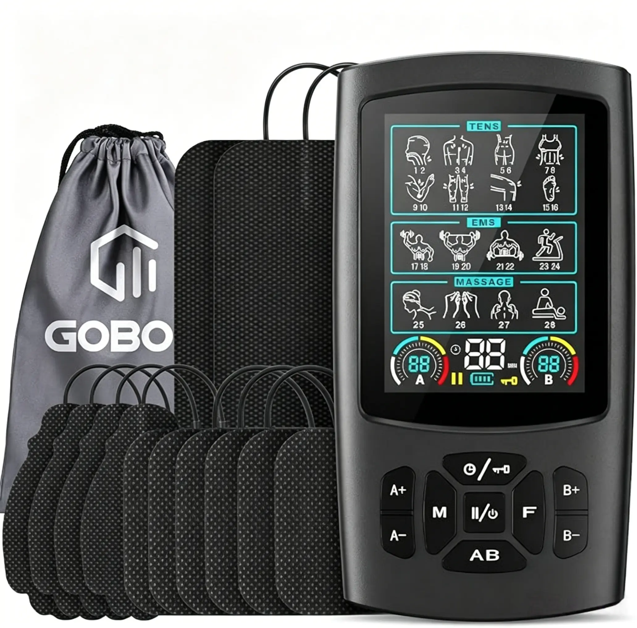 Dual Channel TENS EMS Unit for Pain Relief Therapy, Portable Muscle Massager with 28 Customizable Modes, 40 Intensities, and 12 Electrode Pads, Massage, Tens+Ems+Massage, Customize Mode, Adults, 28 Modes
