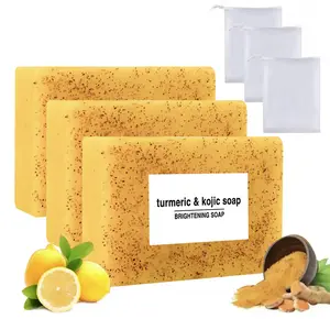 Lemon Turmeric Kojic Acid Soap Natural Organic Turmeric Face & Body Wash Bar Even Out Skin Tone Glowing Skin Care Deep Clean with Soap Saver Bags