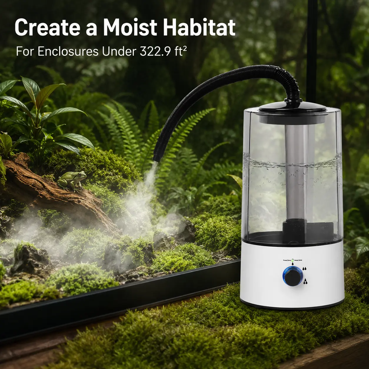 CNCEST Reptile Pet Humidifier Fogger - 4L (1.06 Gal) Tank, White Design, Anti-Dry Burn, Humidity Control, Bacteria Prevention, 0.4-1.6m Hose, Knob, 110-220V, for Reptile Owners' Tortoises/Chameleons, Assembly Required