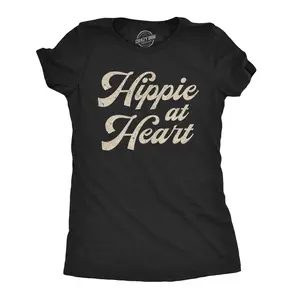 Womens Hippie At Heart T Shirt Funny Flower Child 70s Groovy Graphic Tee Funny Womens T Shirts Cute Vintage Fashion Casual Ladies T-Shirt Gift Women's Novelty Tees Black