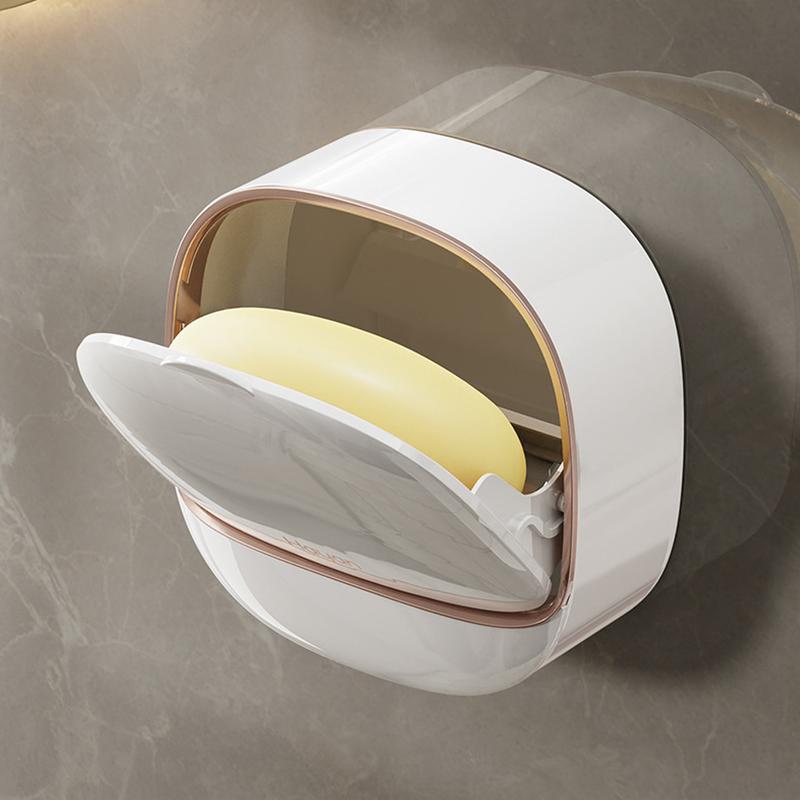 Wall Mounted Shower Soap Dish with Flip Cover - White Antibacterial Waterproof Self-Draining Soap Saver, Bathroom Shower Storage Essentials