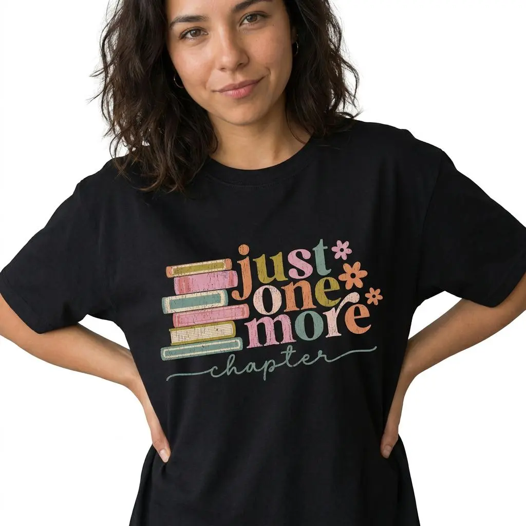 Retro Book Lover Graphic Tee Women Plus Size Just One More Chapter Shirt
