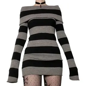Women Gothic Dress Punk Off Shoulder Striped Knit Dress Y2k Fairy Grunge Dress Halloween Dark Academia Clothes