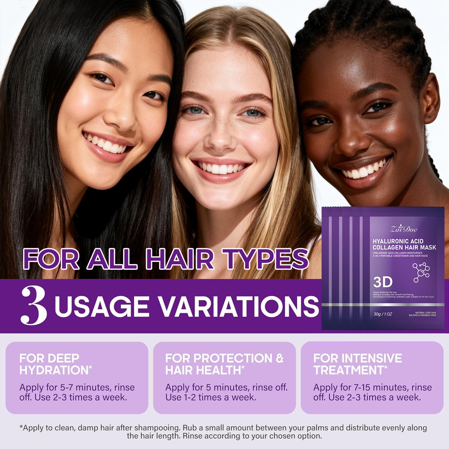 3D collagen hair mask 30g — Deeply repairs hair strands, replenishes moisture, restores hair's natural shine. Functions as a conditioner, lightweight and non-greasy, suitable for all hair types, leaving hair hydrated, glossy, smooth and easy to comb.