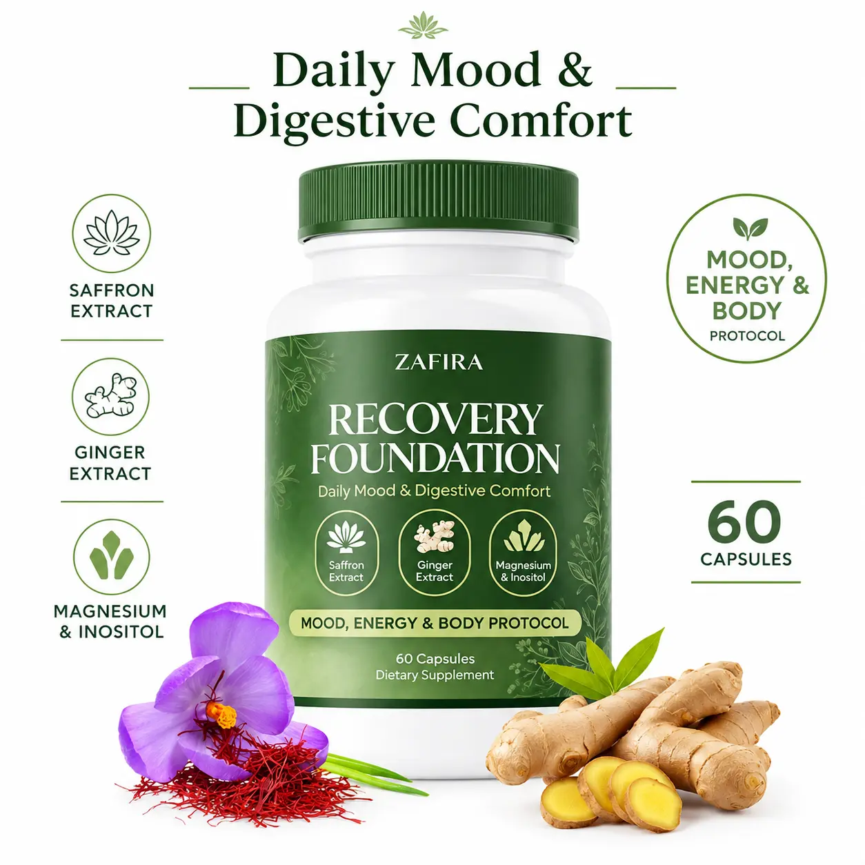 Zafira Organics Recovery Foundation Capsules, Saffron, L-Theanine, Ginger & Myo-Inositol, Daily Dietary Supplement, 60 Capsules