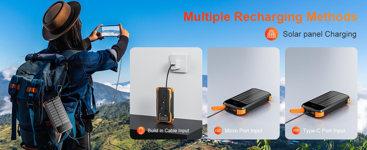 40000mAh Power Bank: Built-in 4-wire high-power flashlight solar power bank, a reliable choice for outdoor travel, compatible with various models of mobile phones and tablets. Smartphone Portable Battery Powered Durable Lithium Battery