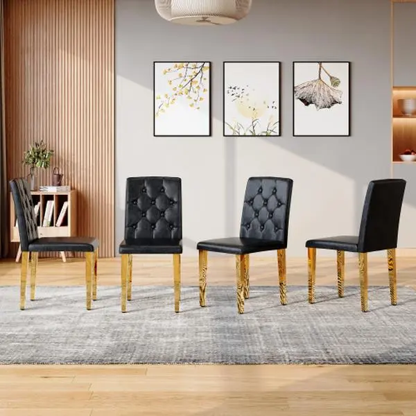 Bellemave 4-Pack PU Modern Back-Friendly Contemporary Dining Chairs - Ergonomic Buckle Backrest, 35in High, Golden Metal Legs - Comfortable Textured Seating for Family Dining Rooms, Hotel Banquet Halls, Modern Dining Chairs