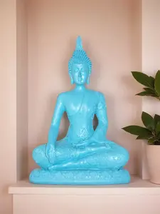 Blue Enlightenment Buddha Shakyamuni Statue 8 Inch Resin Sculpture Calming Aqua Blue Bhumisparsha Mudra Gesture Religious Decor