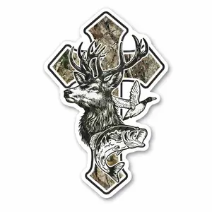 Hunting Solves Problems Vinyl Sticker, Deer Duck & Fish Camo Cross Decal - Christian Hunter Gift, Waterproof Outdoor Sticker for Trucks, Coolers & Boats