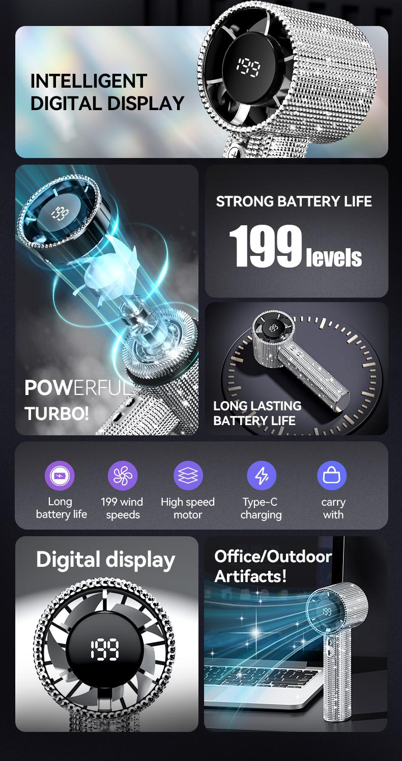 Portable Handheld Turbo Fan - Fashion Full Diamond Rechargeable Personal Battery Operated Mini Small Pocket Mini Fan for Travel/Outdoor/Vacation/Beach/Outdoor Activities