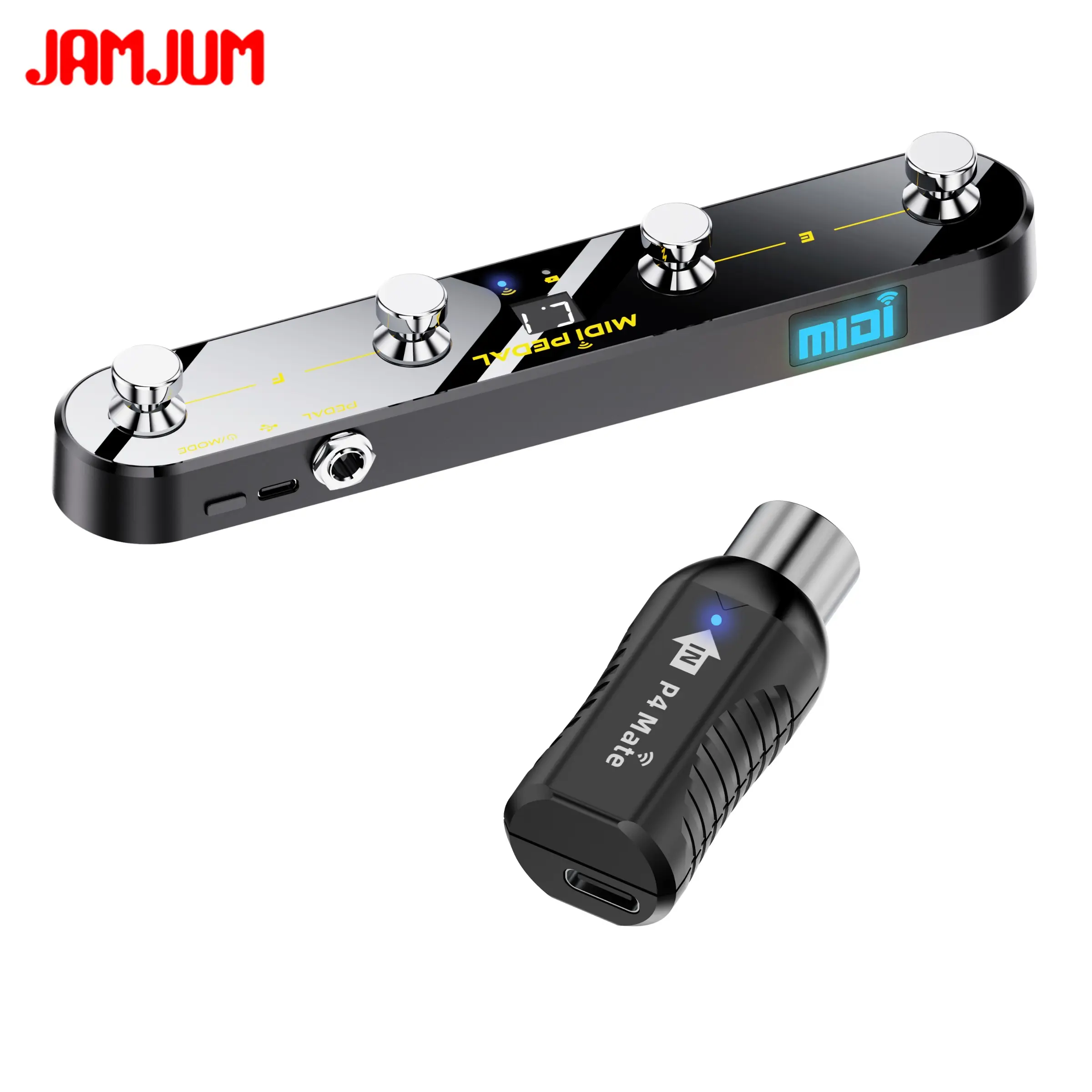 JAMJUM Wireless Midi Control Pedal with 4 Buttons, USB Rechargeable Battery, with APP, Portable Design for Music Production & Performance
