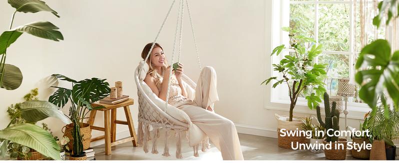 SONGMICS HOME Hanging Chair, Hammock Chair with Large, Thick Cushion, Boho Swing Chair for Bedroom, Patio, Balcony, Garden, Holds up to 264 lb, Accessories Included