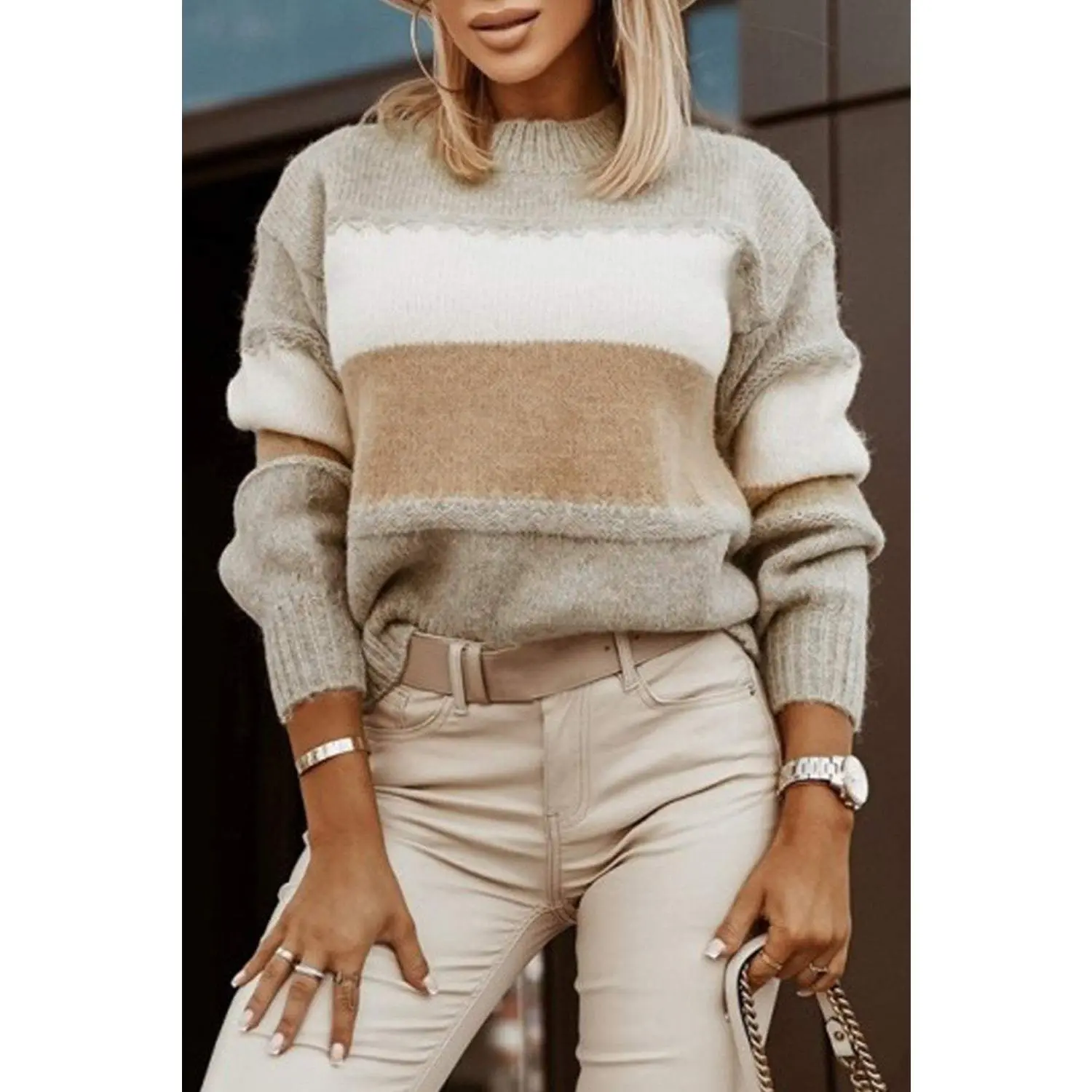 Multicolor Chunky Striped Mock Neck Pullover Sweater