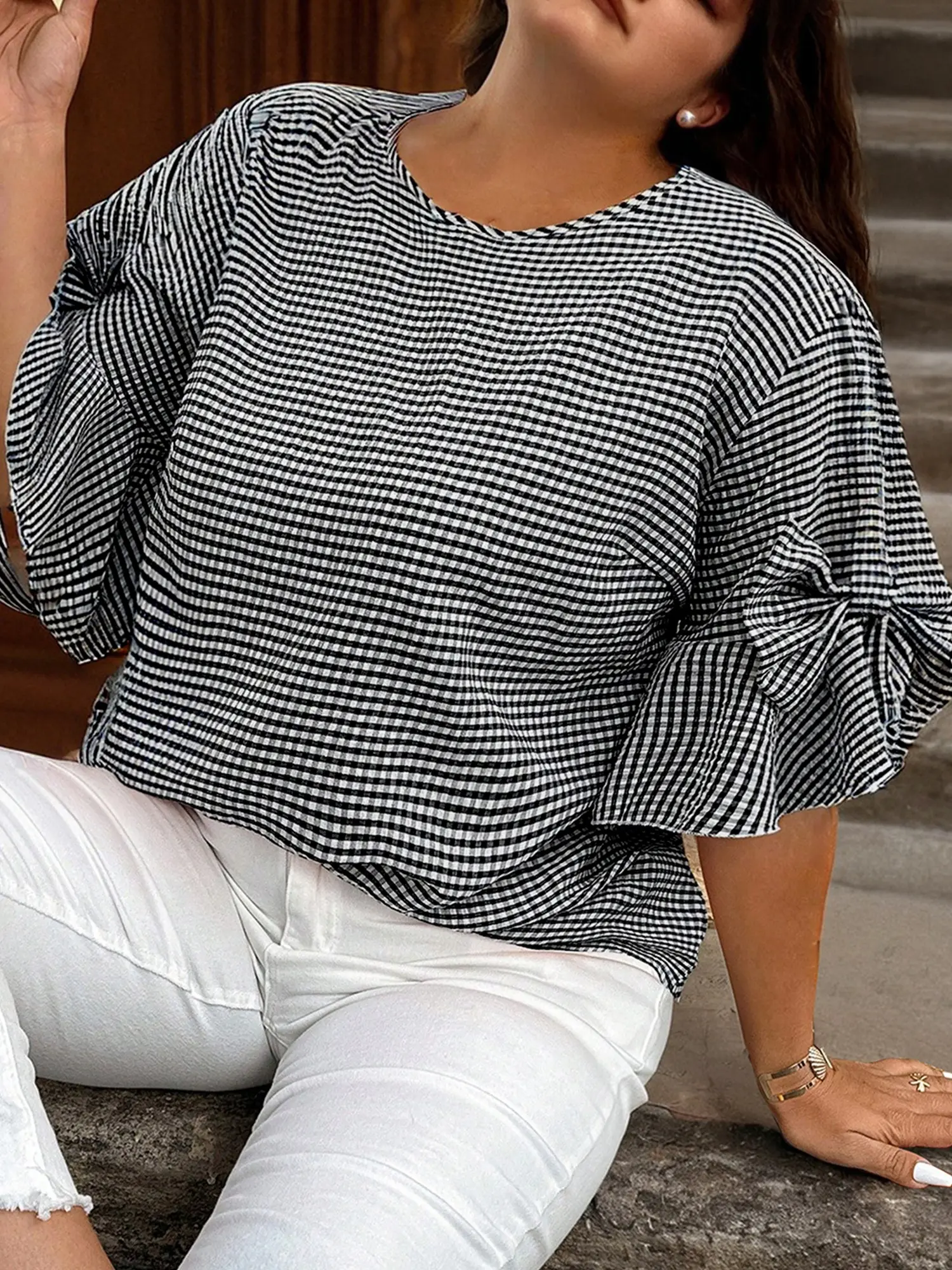 Black Plus Size Plaid Bow Decor Bell Sleeve Round Neck Jumper, Bell Sleeve Design Creates Soft Movement With Stylish Flair.