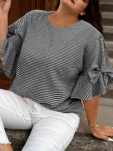 Black Plus Size Plaid Bow Decor Bell Sleeve Round Neck Jumper, Bell Sleeve Design Creates Soft Movement With Stylish Flair.