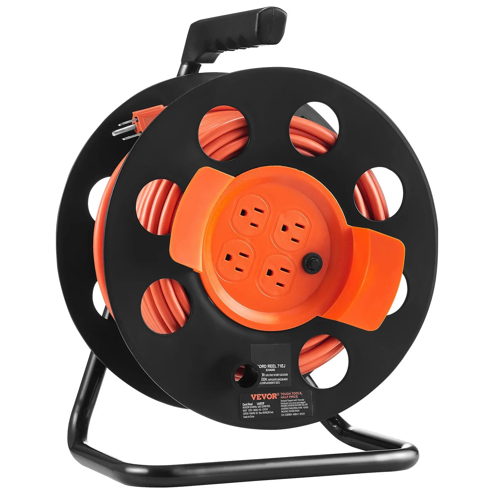 【Backtoschool】VEVOR Extension Cord Reel, 100FT, with 4 Outlets and Dust Cover, Heavy Duty 14AWG SJTOW Power Cord, Manual Cord Reel with Portable Handle Circuit Breaker, for Toolshed Garage, Tested to UL Standards