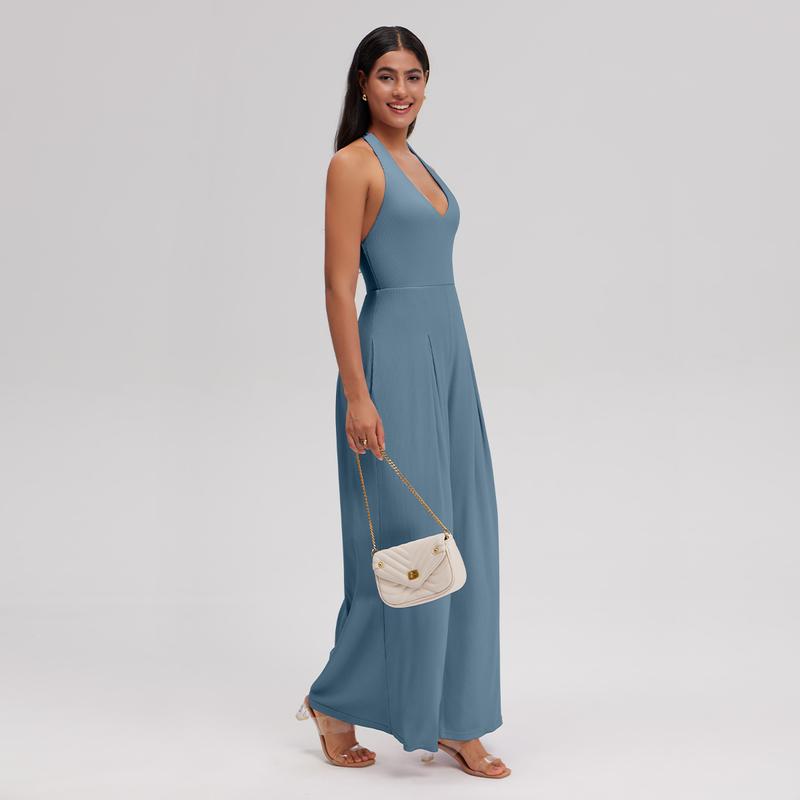 OQQ Women's Ribbed Backless One-Piece Jumpsuits - Wide Leg Sleeveless Deep V-Neck Casual Fashion Sporty Aesthetic Chic Everyday Outfit