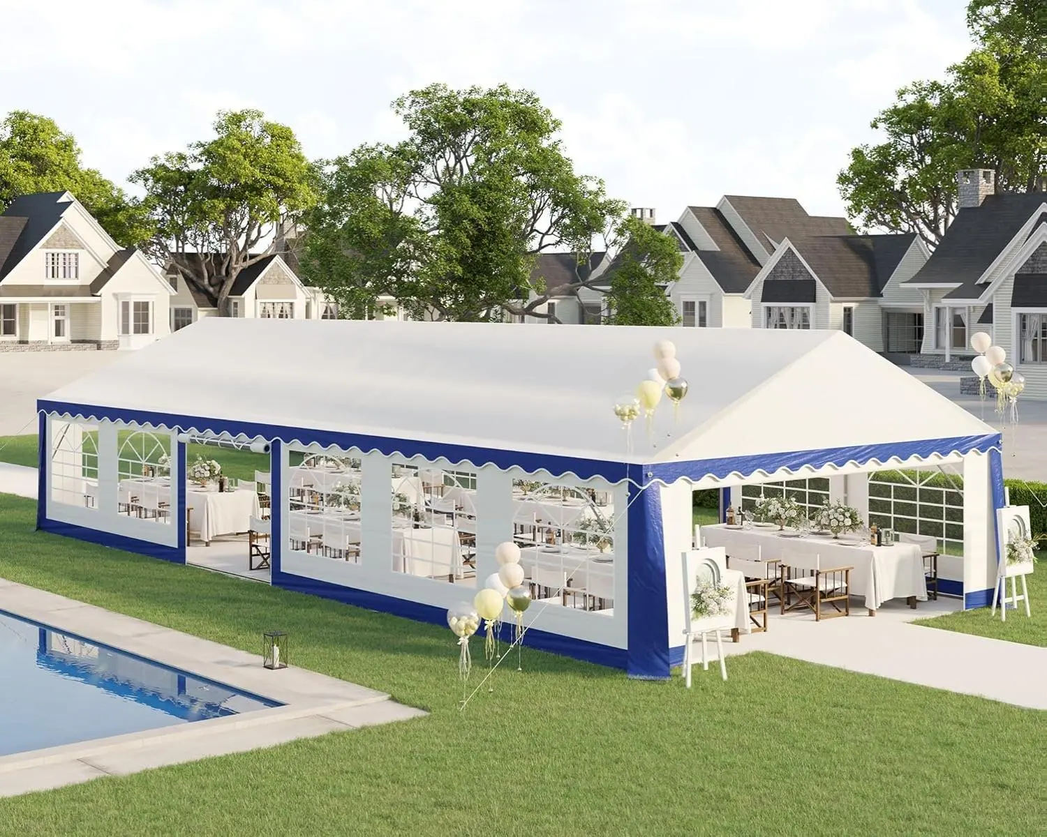 AMERLIFE Party Tent with Rolled Sidewalls, Heavy Duty Wedding Tent for Party Outside with Zinc Alloy Tube & Spiral Stakes, Waterproof Event Shelters, White & Blue[tiktokshopbacktoschool][SohoChic]