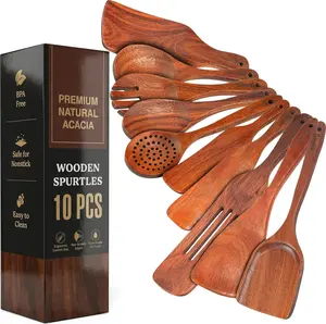 100% Natural Acacia Wooden Cooking Utensils Set - 10 Pcs Wooden Spurtle Set - Spurtles Kitchen Tools As Seen On TV Paddle - Safe for Nonstick Cookware - Stirs Like a Spoon, Flips Like A Spatula