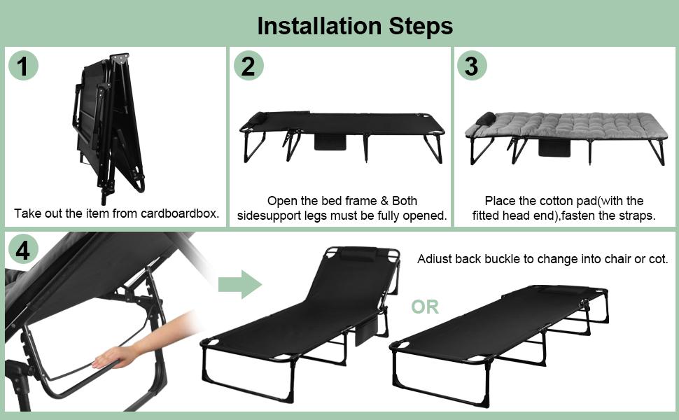 Portable Folding Camping Cot, Adjustable 3-Position Reclining Folding Chaise with Pillow, Outdoor Portable Folding Lounge Chair Sleeping Cots Bed-68cm