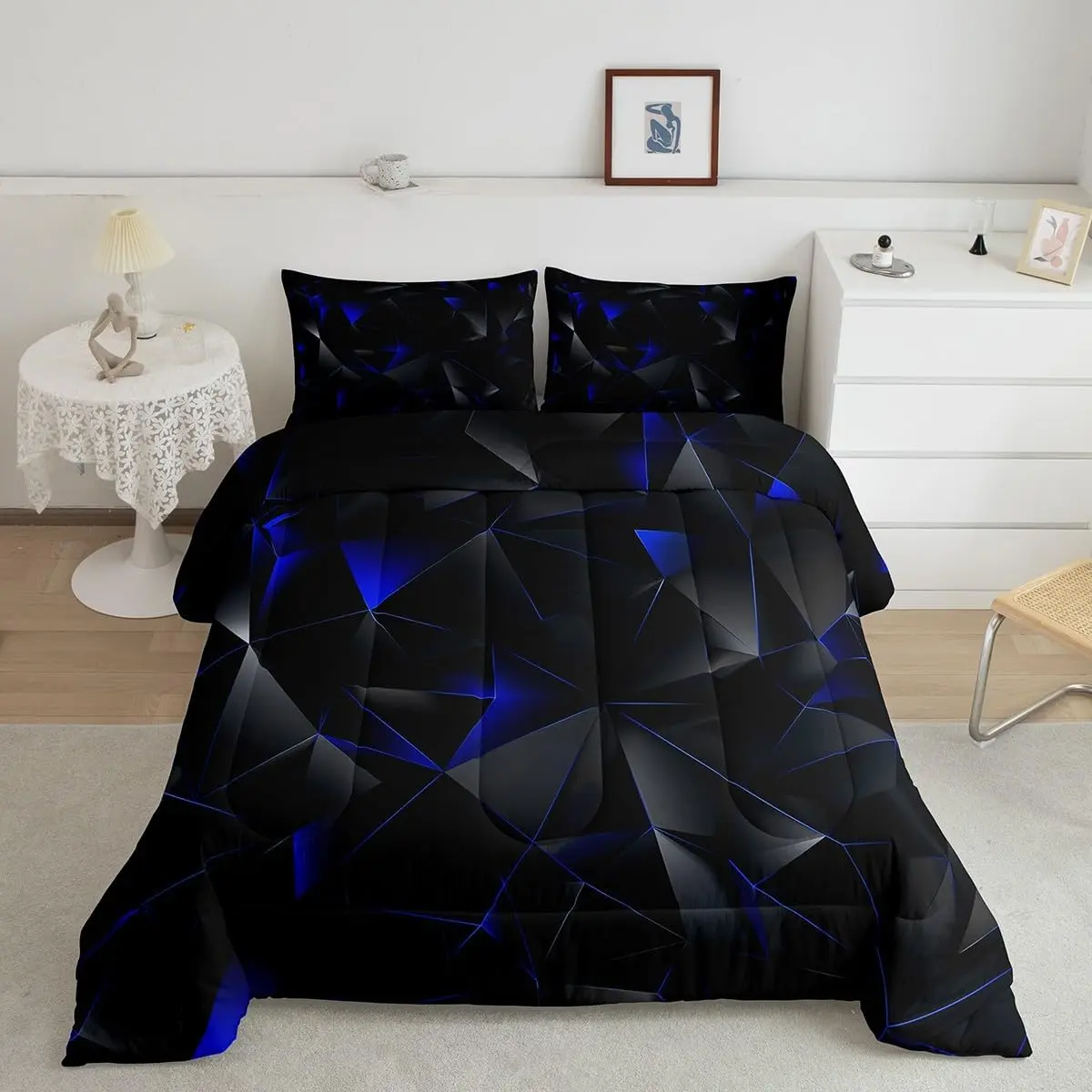 Blue Black Comforter Set Kids Geometric Pattern Bedding Set for Boys Girls Teens Adults,Art Aesthetic Duvet Quilt Breathable Soft Room Decor