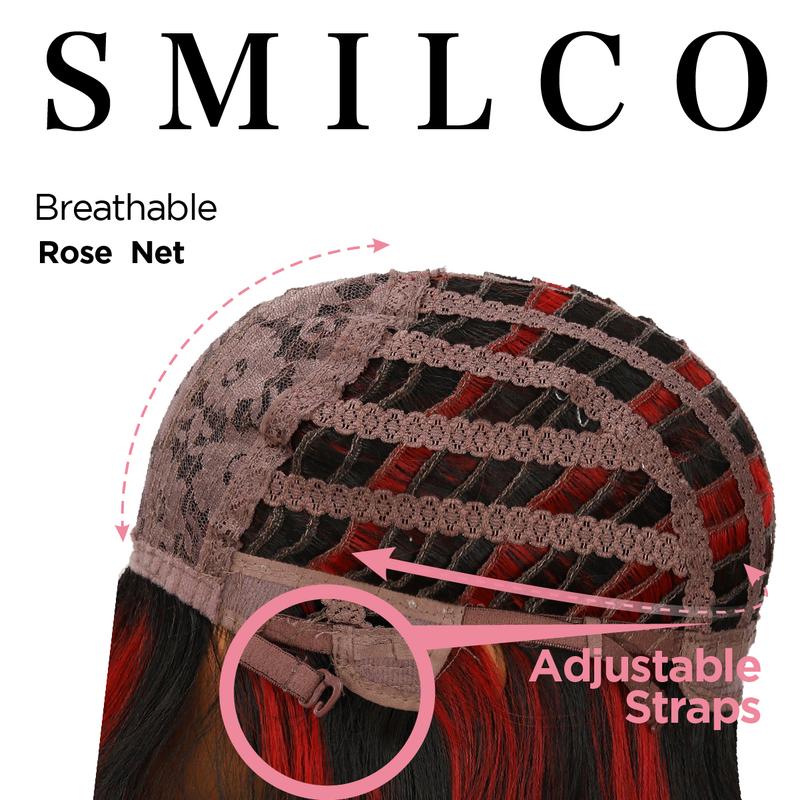 SMILCO 26" Wavy Black & Red Highlights Synthetic Wig Middle Part Glueless Natural-Looking Scalp Full Machine Cap Adjustable Straps Breathable Cap Vibrant Color Soft Texture SM398 SM5029
