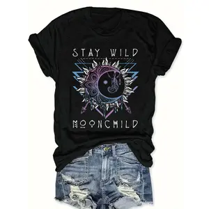 1pc Women'S Moonchild Graphic Tee, Polyester Crew Neck T-Shirt with Stay Wild Letter Print, Casual Knit Fabric Short Sleeve Top for Spring/Summer