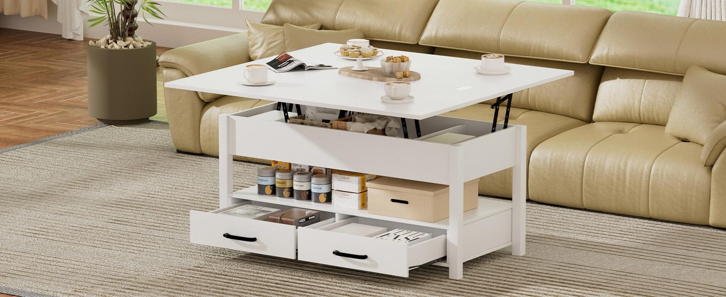 42'' Lift Top Coffee Table, 4-in-1 Multifunctional Lift Coffee Table with Storage & Hidden Compartments, Farmhouse Coffe Table with Lifting top for Living Room, Dining Reception Room